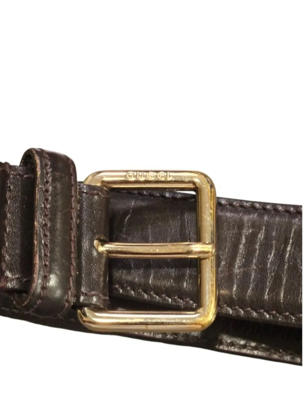 Gucci Brown Leather Belt with Gold Buckle, One Size